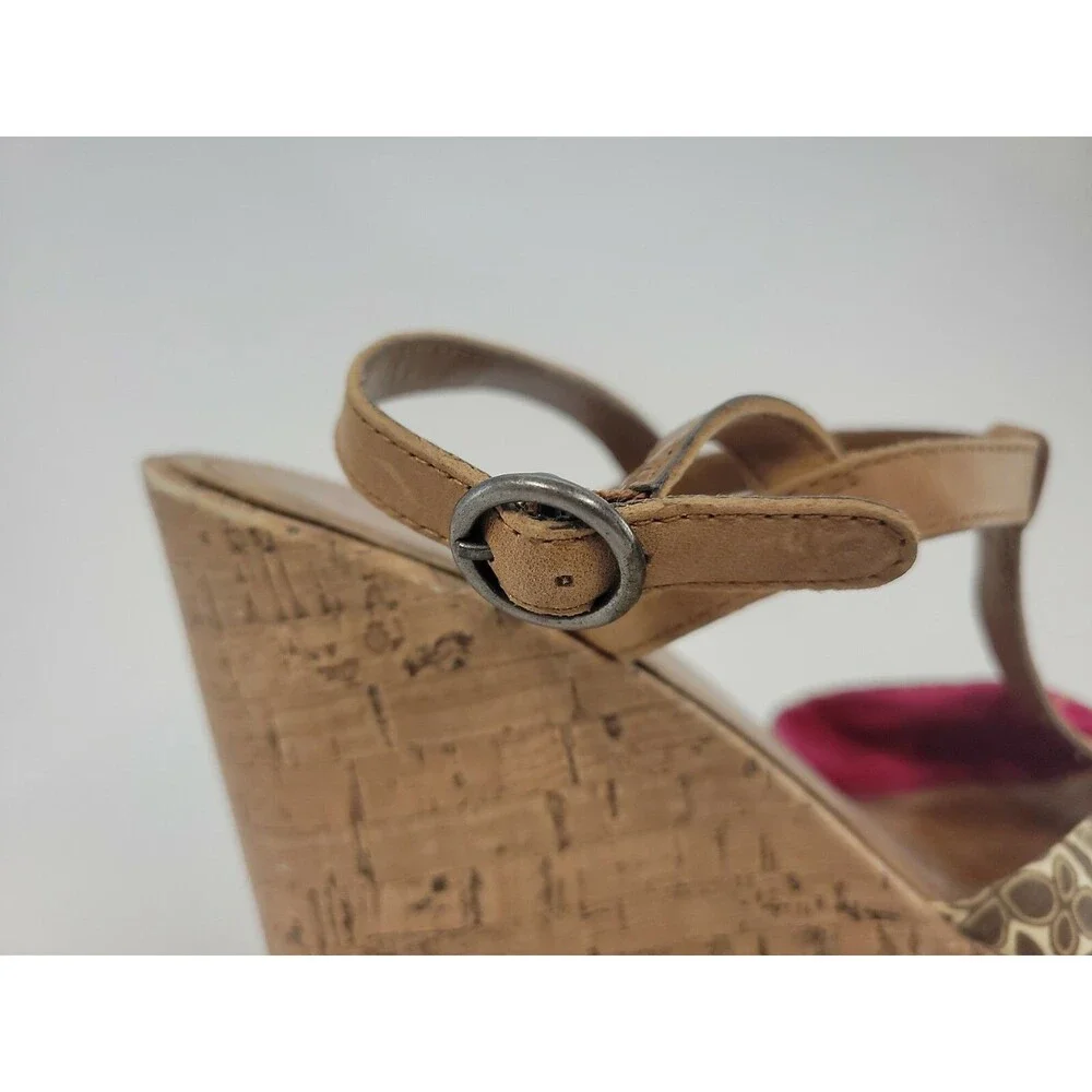 American Eagle Women's T-Strap Wedge Sandals Size 9M Brown Floral Fabric Upper